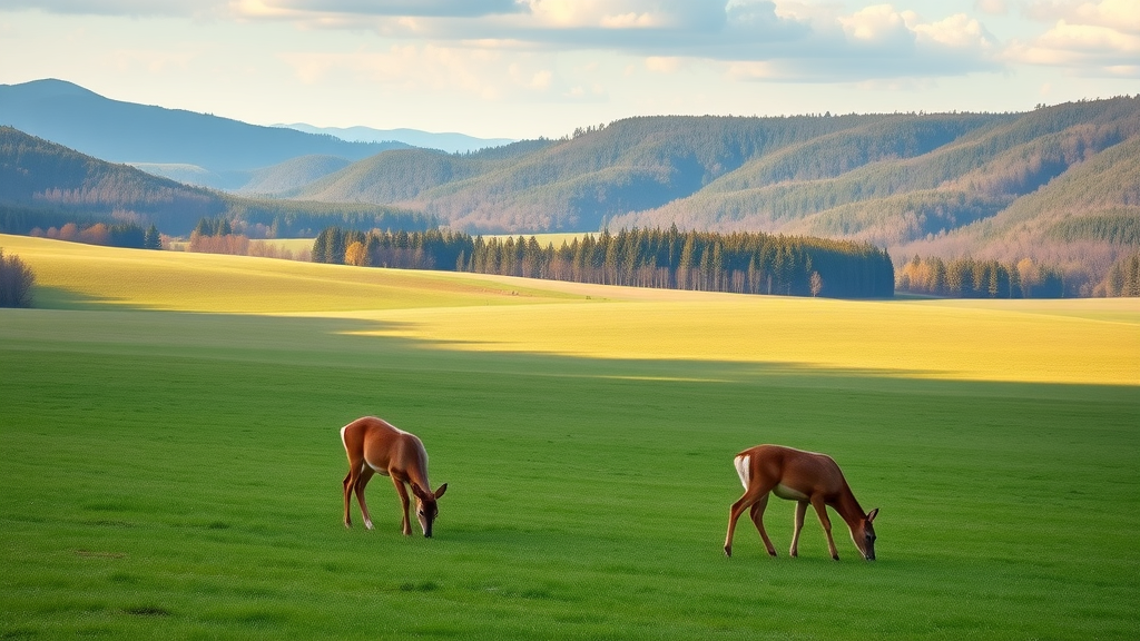 Serene Cades Cove valley with deer grazing peacefully in a late afternoon glow.