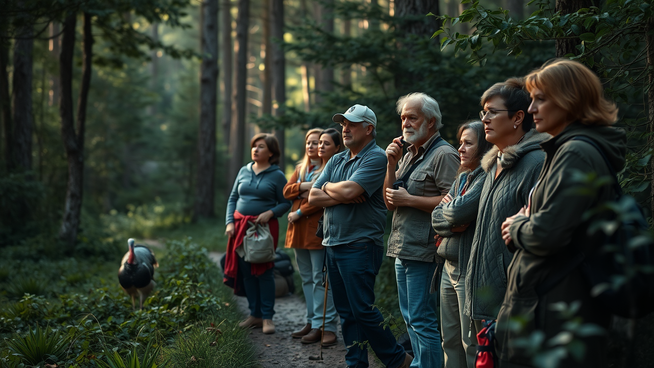 Respectful visitors maintaining a safe distance from a black bear on a forest trail at dusk in the Smokies.