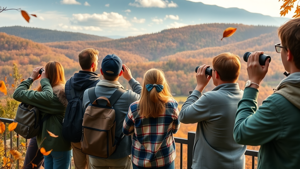 Diverse group quietly observing elk at a scenic overlook in Cataloochee Valley, surrounded by fall foliage and misty mountains.