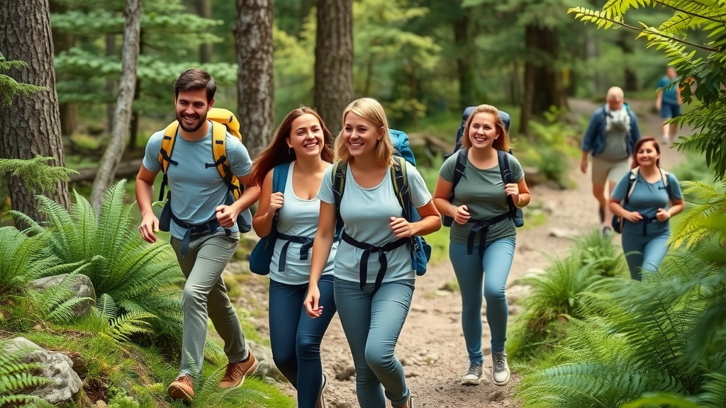 Cheerful hiking group trekking together on a marked trail in the Smoky Mountains, remaining wildlife safe.