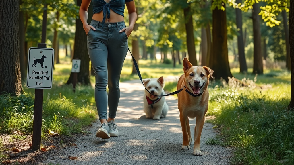 Leashed dog and owner walking calmly on a permitted, pet-friendly Smoky Mountains trail.