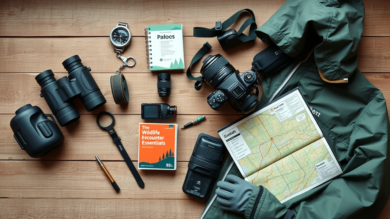 Flat lay of wildlife encounter essentials—bear spray, food containers, water bottle—on a rustic table in the Smoky Mountains.
