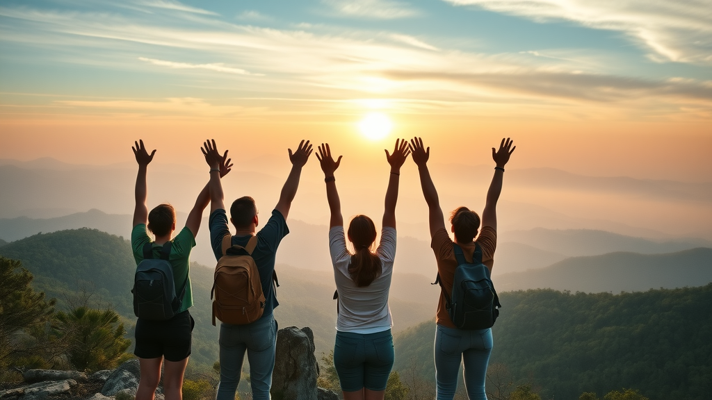 Uplifting group of hikers celebrating at sunrise above the breathtaking Smoky Mountains vista, symbolizing harmony and stewardship.