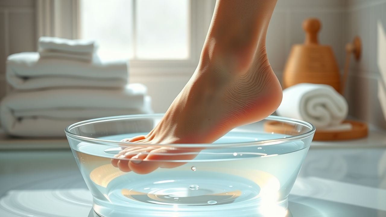 Clean feet gently dipped in apple cider vinegar and water bowl for foot care