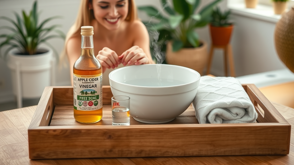 Wooden tray with bowl, apple cider vinegar bottle, and materials for foot bath