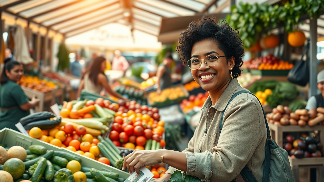 Vibrant fresh produce display and joyful person selecting colorful fruits and vegetables at a bustling open-air market, whole foods diet to lose weight