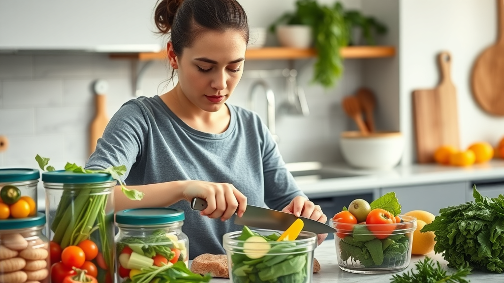 Person meal prepping with glass containers of colorful whole foods in a modern kitchen for weight loss success