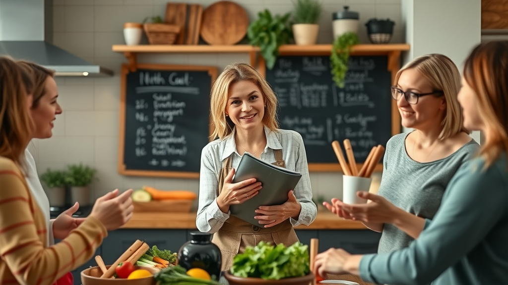 Nutritionist explaining myths about whole foods diet to lose weight to a group in a modern kitchen