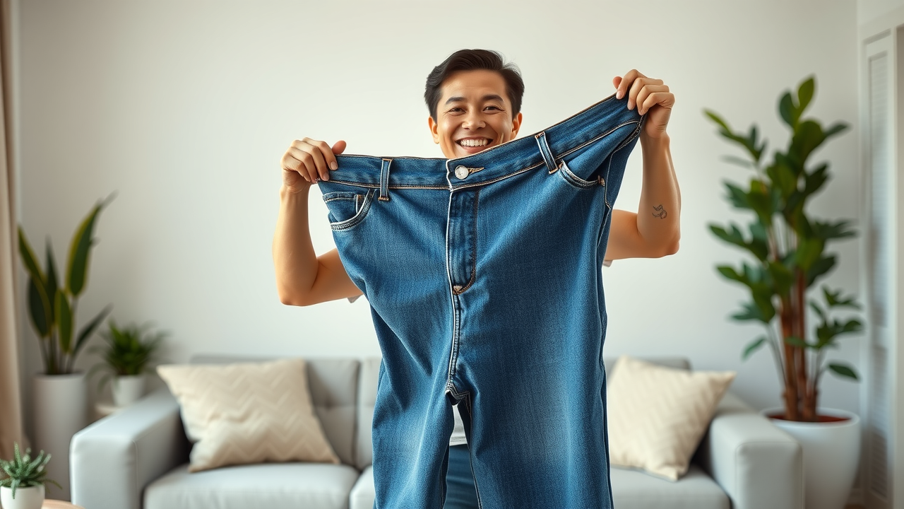 Person joyfully holding up oversized jeans after losing weight with a whole foods diet in a bright living room
