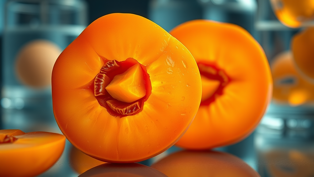 close-up cross-section of fresh apricots highlighting antioxidant content, scientific lab with molecular visuals, anti-aging benefits of apricots