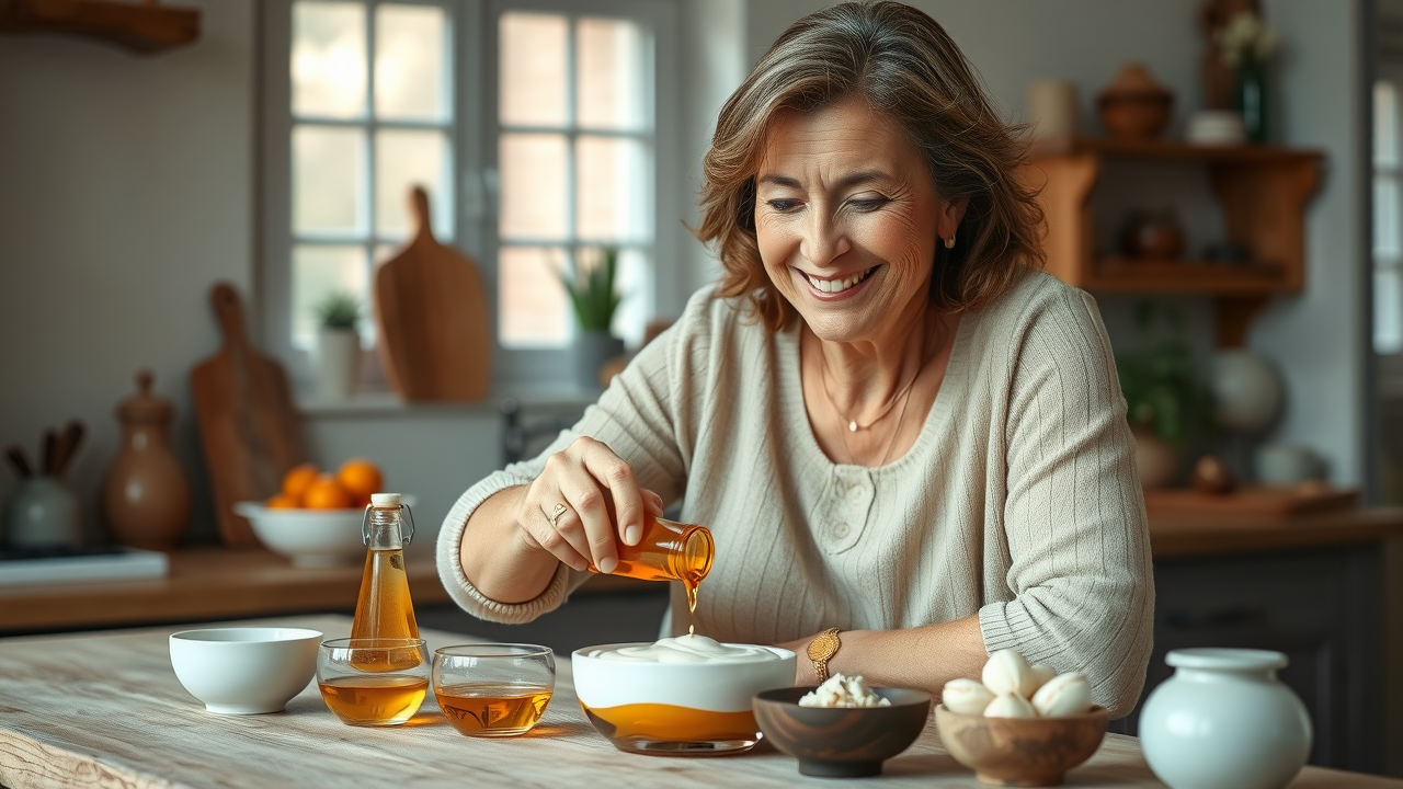 smiling woman making DIY skin care with apricot kernel oil for anti-aging health benefits, home kitchen, mixing creams