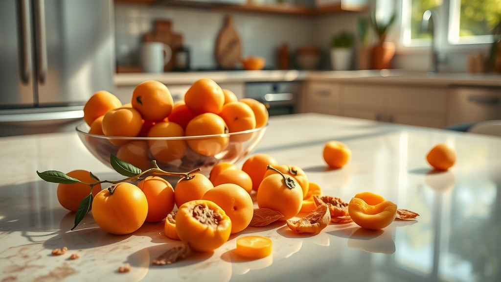 fresh and dried apricots for anti-aging benefits of apricot antioxidants, antioxidant-rich snack, kitchen scene