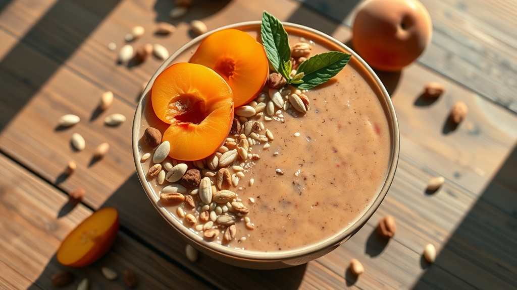 smoothie bowl with fresh apricots, nuts, seeds, easy recipe for anti-aging benefits of apricot antioxidants