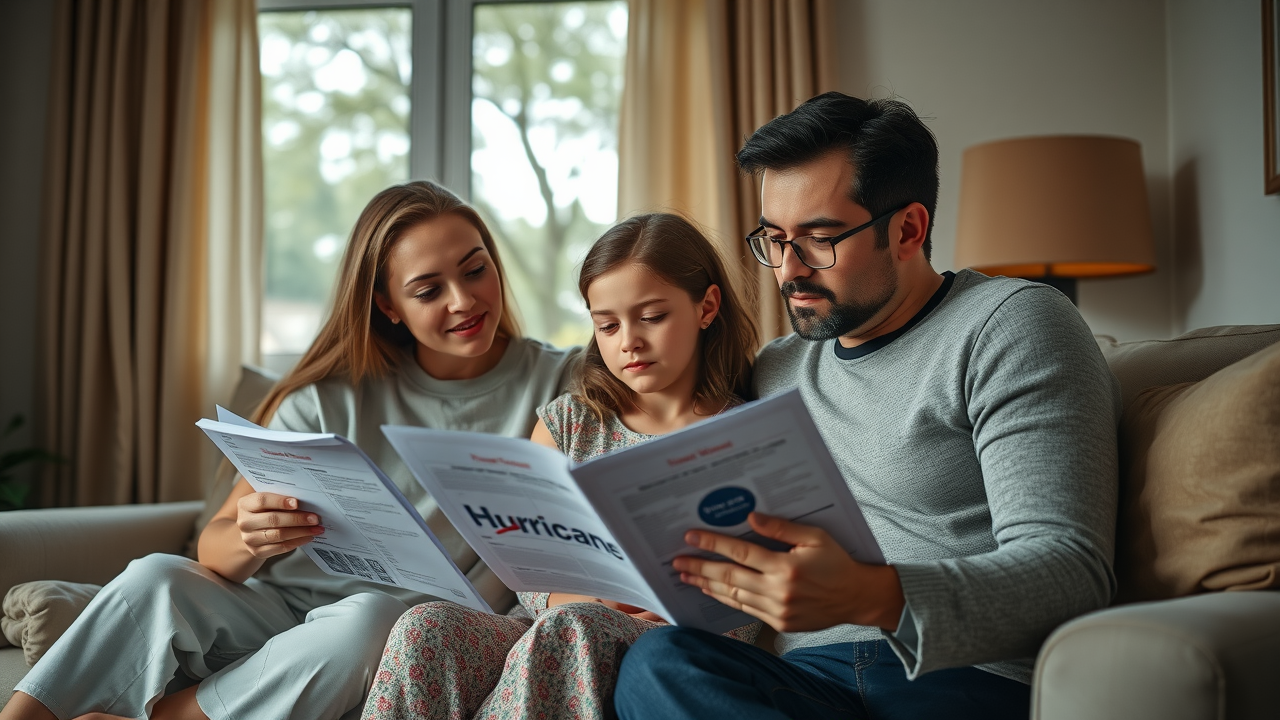 North Carolina family reviewing hurricane preparedness mental health checklist NC together, calm but alert, with a cozy living room and stormy weather outside