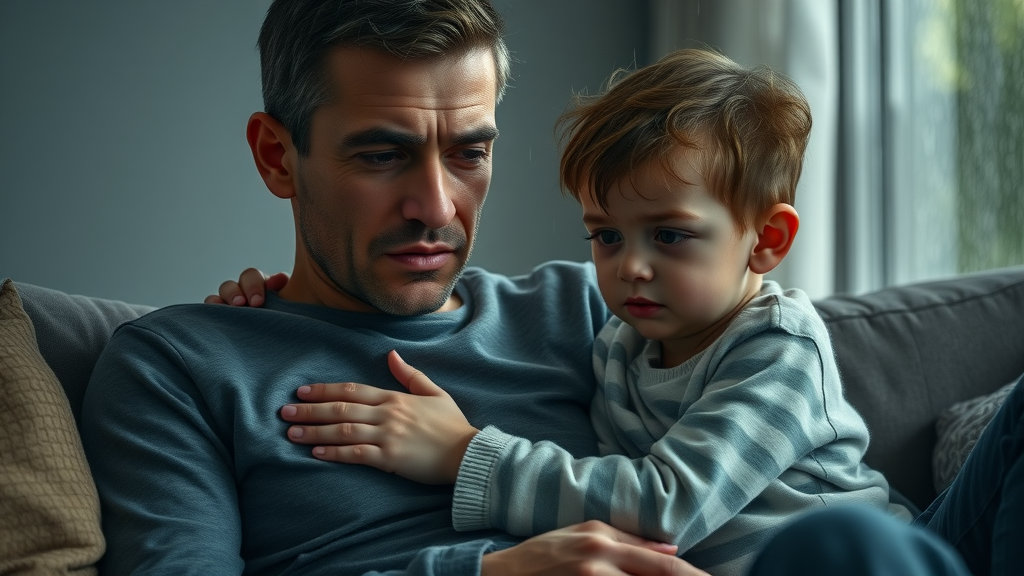 Somber North Carolina adult and child comforting each other due to hurricane-related mental health distress, rain visible on window