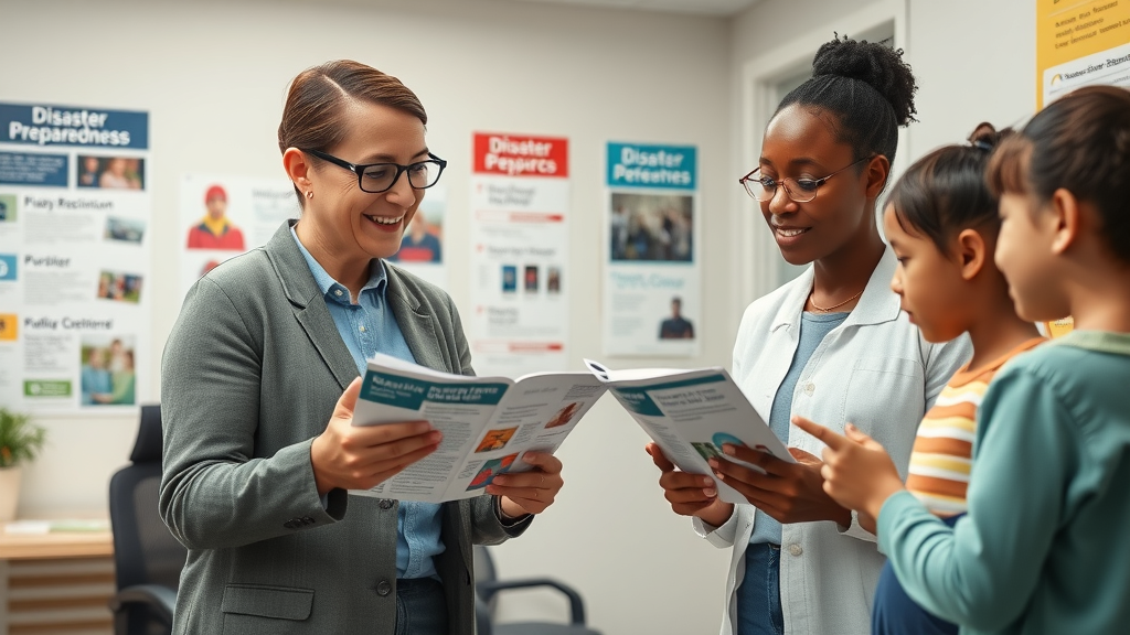Helpful mental health professional providing resource brochures to a diverse North Carolina family at a clinic with disaster preparedness posters