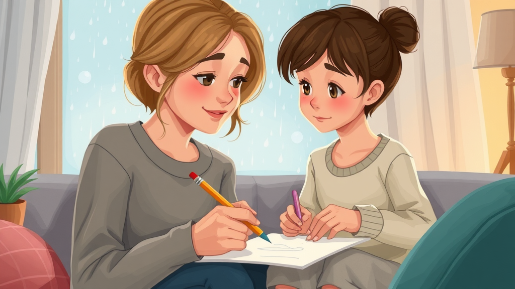 Caregiver nurturing young child with drawing activities to support behavioral health during a North Carolina storm