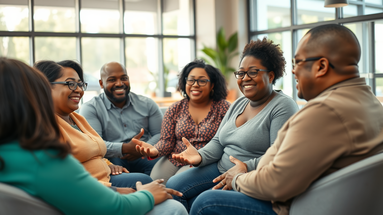 Diverse adults participating in Charlotte weight loss support group, engaged in positive discussion, community center setting, natural daylight, motivating atmosphere