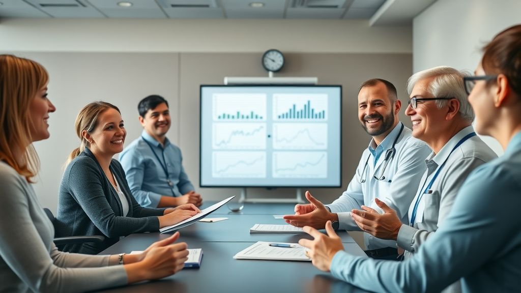 Professional Charlotte weight loss support group meeting, participants and healthcare professional reviewing materials, educational smartboard in modern conference space