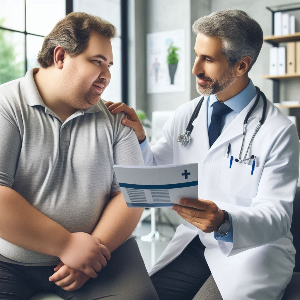 compassionate doctor speaking with overweight patient