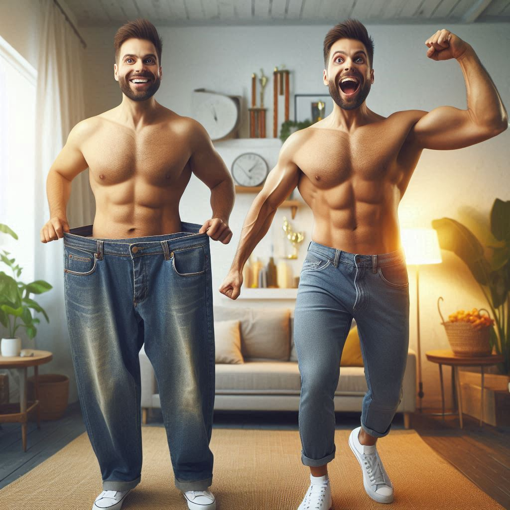 proud man with significant weight loss, joyful expression, holding up old pants to show transformation