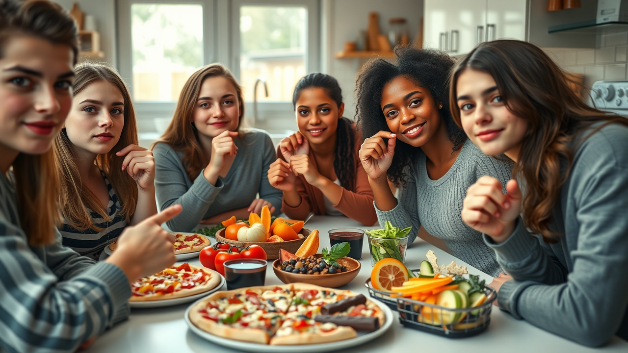 Diverse teens with clear and acne-prone skin sitting at a table with various foods, illustrating myths of acne