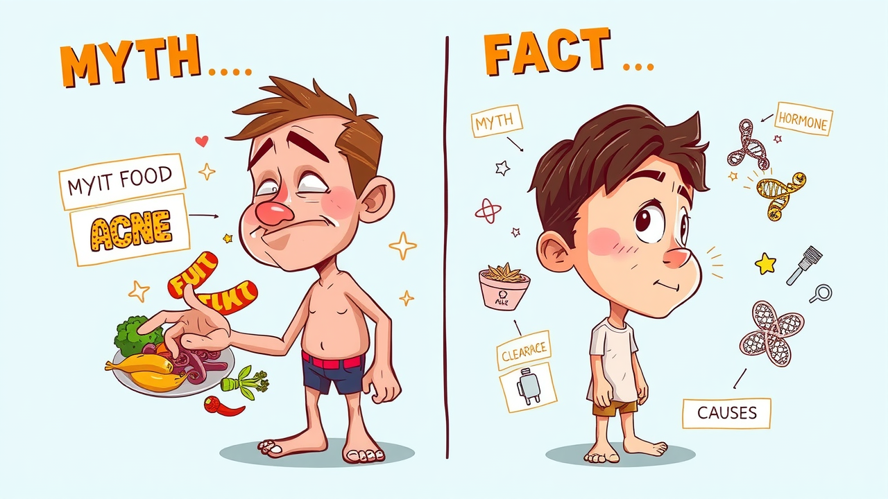 Split-screen illustration showing acne myths vs. facts: cartoon symptoms with junk food and hygiene vs. factors like hormones and genetics.