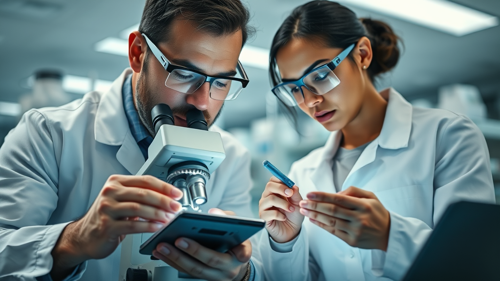 Researchers analyzing skin samples under microscopes, illustrating science-backed acne research