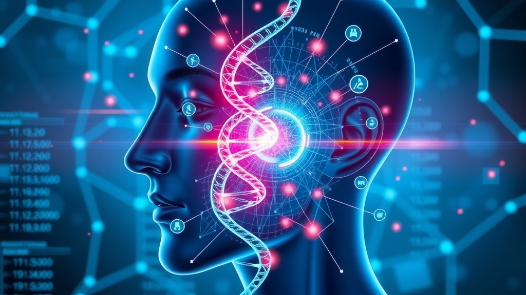 Futuristic infographic showing hormones, genetics, and oil glands as causes of acne