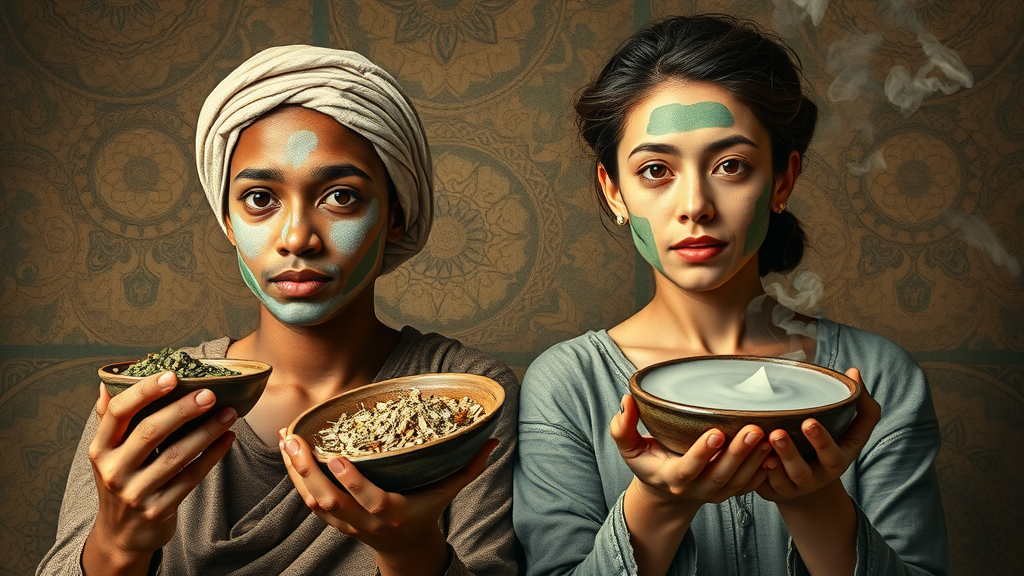 Traditional acne remedies from various cultures, like herbal pastes and clay masks, applied by diverse models