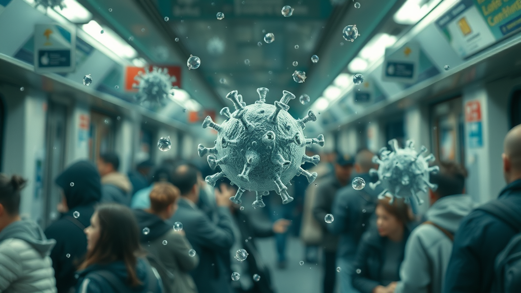 Influenza virus particles spreading via airborne droplets in a crowded public space