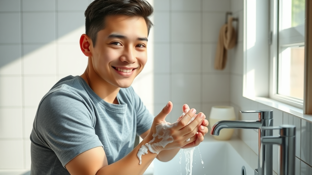 Prevent flu virus transmission by washing hands with soap and water in a home bathroom