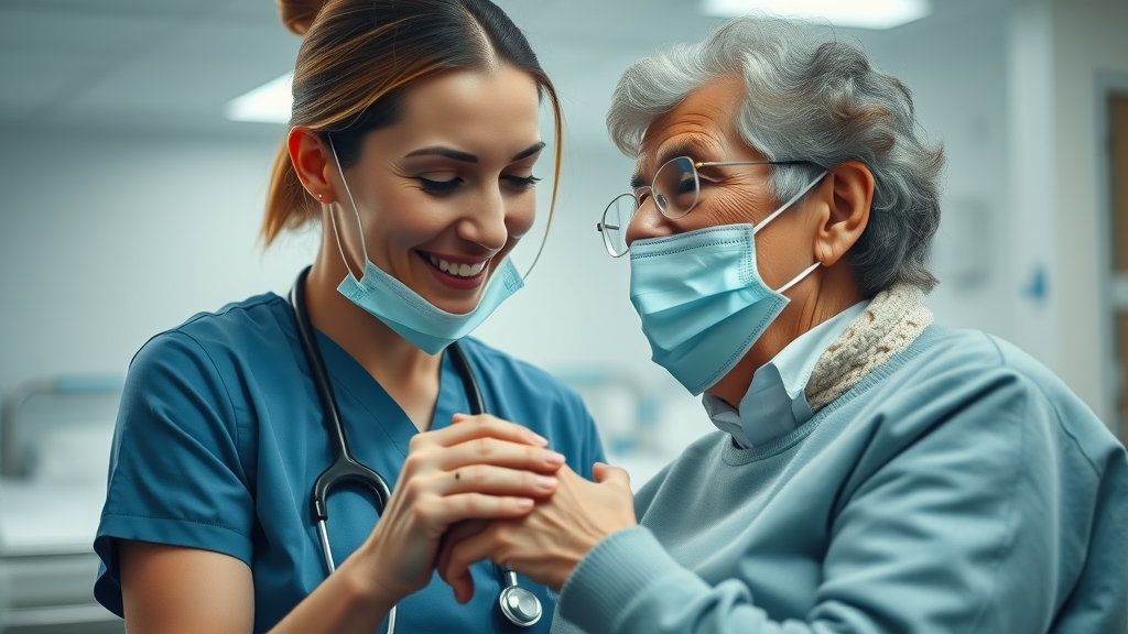 Assisting elderly patient with face mask to prevent flu virus transmission in hospital