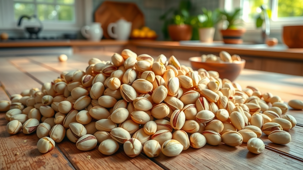 Assorted fresh pistachios artfully arranged on a rustic wooden table, highlighting pistachios as a healthy snack option in a sunlit kitchen scene.
