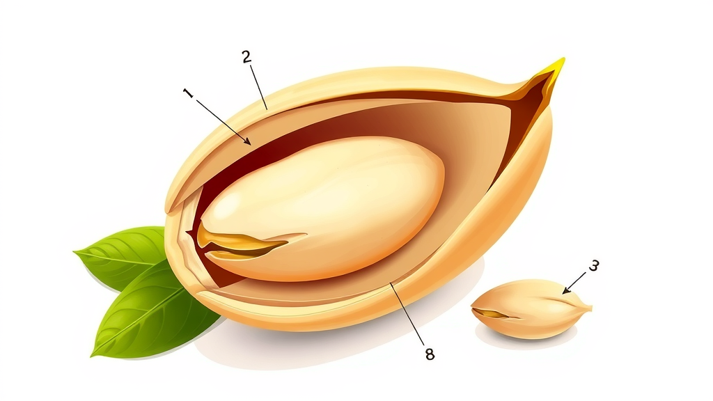 Scientific cutaway diagram of a pistachio showing shell, seed, and fruit layers; informative illustration of pistachio nut structure.