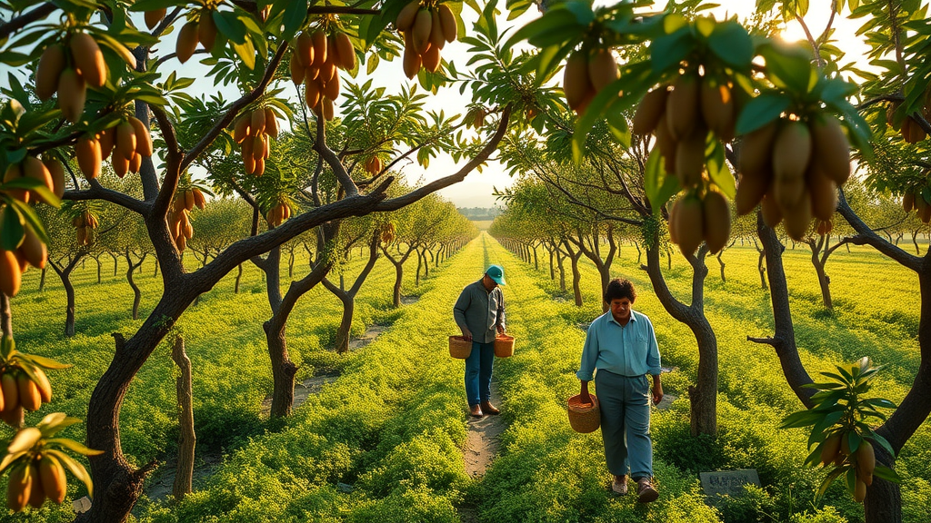 Lush pistachio orchard at harvest with workers harvesting pistachio nuts from trees in a sunlit field.