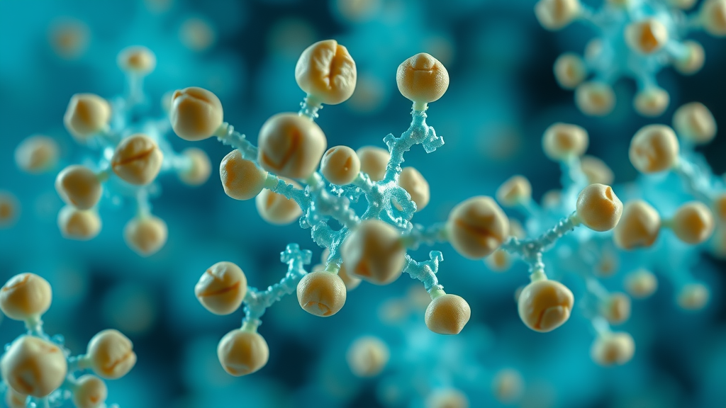 Microscopic close-up of pistachio proteins visualizing amino acid structures, demonstrating the health benefits of pistachio nuts.