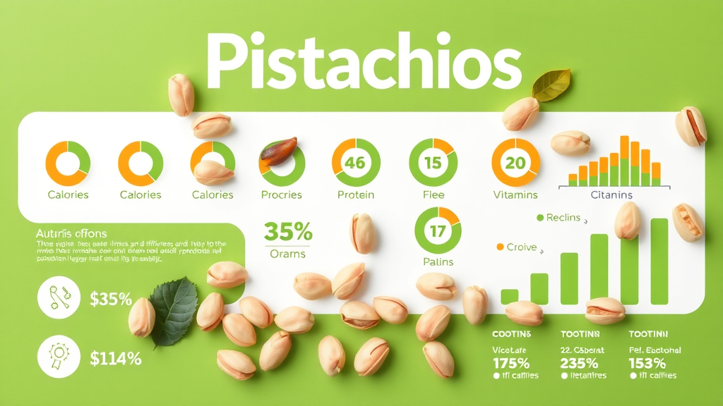 Bright nutritional infographic on pistachios displaying calories, protein, and vitamins with visually appealing icons.