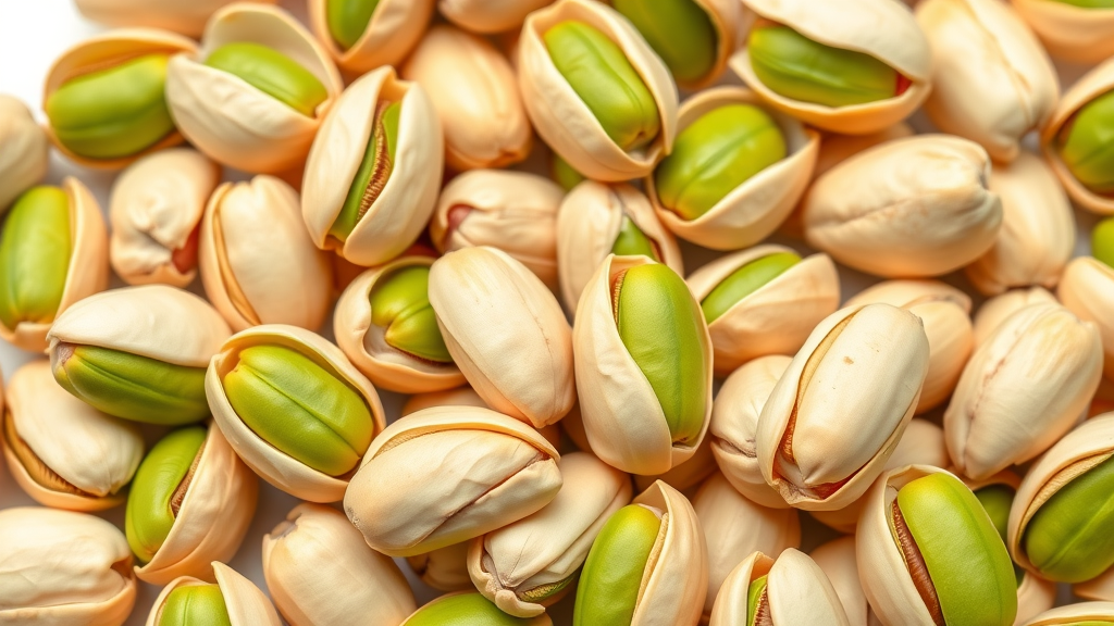 Close-up of open pistachios showing bright green kernels, emphasizing the fresh and vibrant appeal of pistachios as a snack.