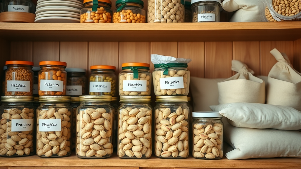 Organized kitchen pantry shelf showcasing pistachios stored in jars and bags, suggesting tips for pistachio storage and freshness.