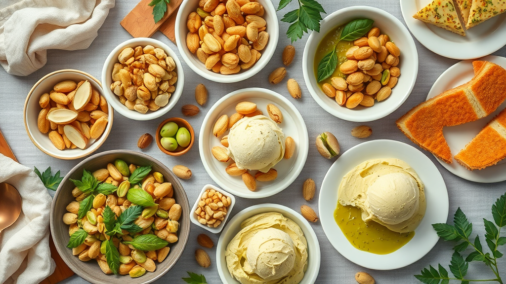 Artistic top-down spread showcasing pistachio-based snacks, salads, desserts and ice cream for creative pistachio snack ideas.