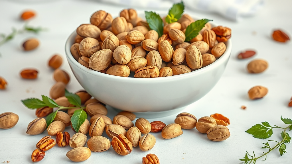 Vibrant selection of walnuts, pistachios, and pecans displayed in a split-bowl composition, highlighting health-focused choices for heart and brain health.