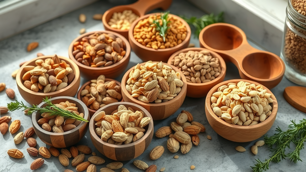 Assorted nuts and seeds in wooden bowls, showing healthy options including walnuts, pistachios, pecans, and more for optimal nutrition.