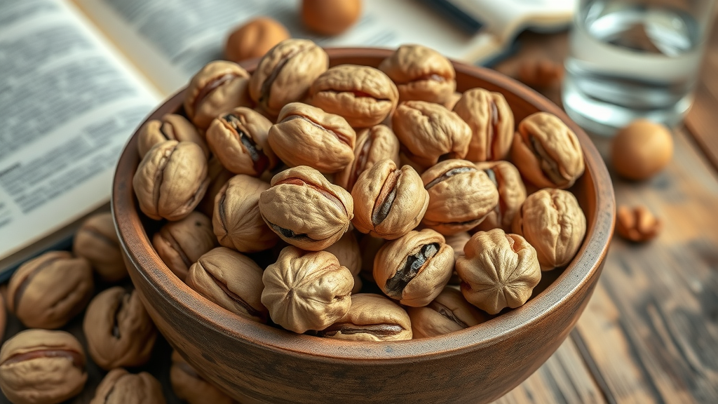 Walnuts in a rustic bowl emphasizing brain-boosting and heart health nutritional value.