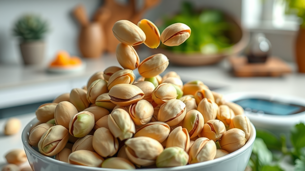 Bowl of fresh pistachios on a kitchen counter, highlighting snacking and weight management benefits.