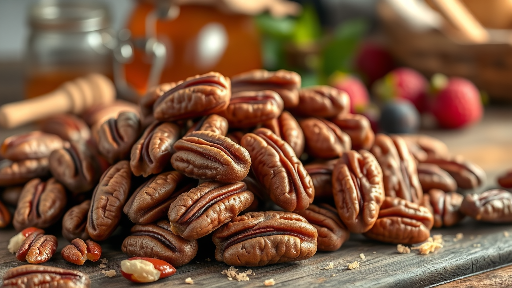 Pecans in artisan dish suggesting healthy pairings for heart health and antioxidants on a rustic kitchen surface.