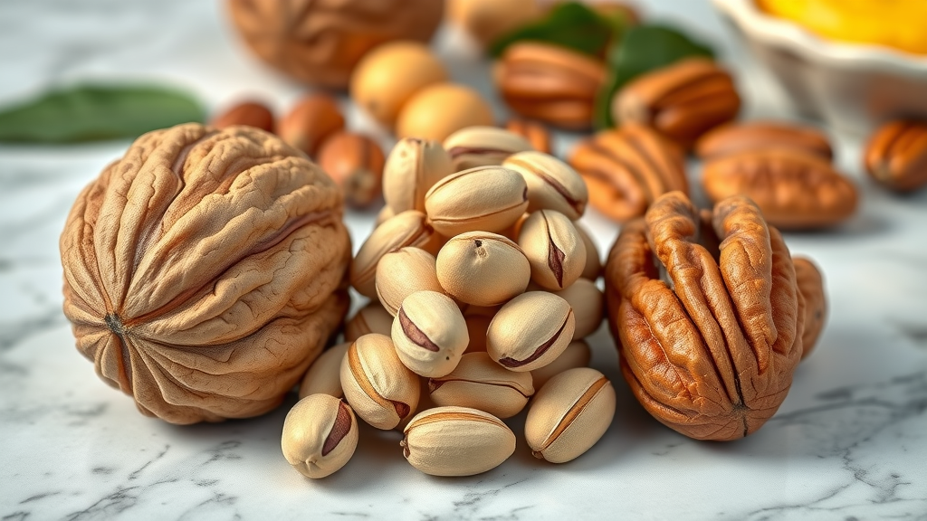 Side-by-side comparison of walnuts, pistachios, and pecans—crisp macro shot showing differences in size, color, and texture for analytical overview.