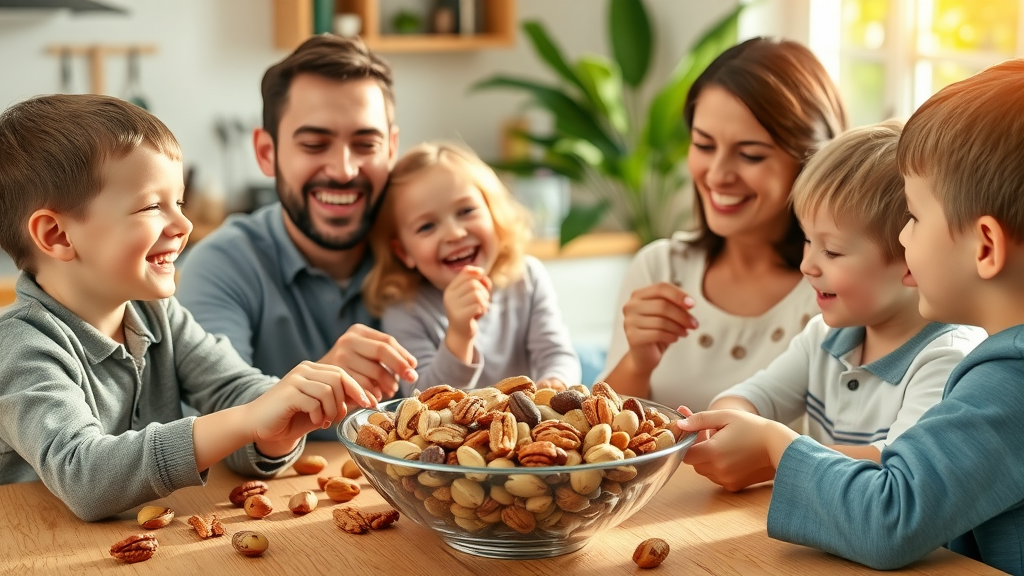 Happy family at kitchen table enjoying mixed nuts for a healthy lifestyle, highlighting the joy and health benefits of eating walnuts, pistachios, and pecans.