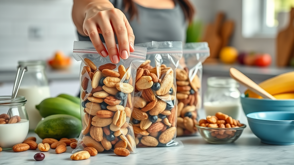 Pre-measured creative nut mix snack packs showcasing moderation and healthy eating with walnuts, pistachios, and pecans.