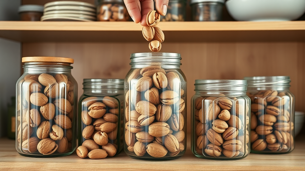 Fresh walnuts, pistachios, and pecans stored in glass jars in a tidy kitchen, demonstrating best practices for nut storage and freshness.
